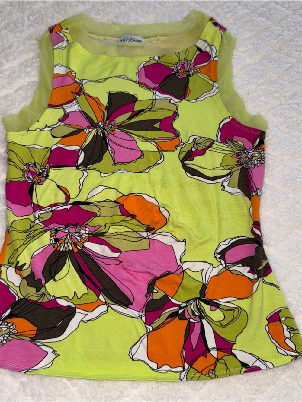 Y2K Kay Celine Lime Floral Sleeveless Top - Picture 2 of 4